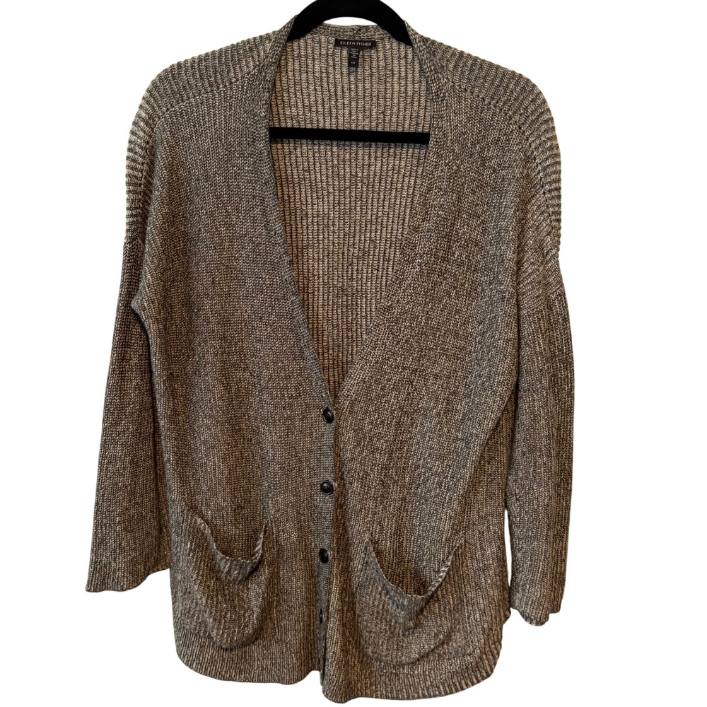 Eileen Fisher Women's Black and Cream Grandpa Cardigan Sweater in Size L - Picture 1 of 11